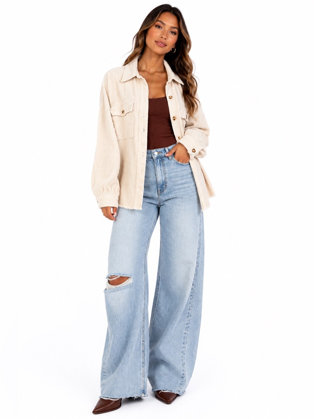 RSQ Cream Corduroy Raw Hem Shacket Jacket Oversized 100% Cotton M